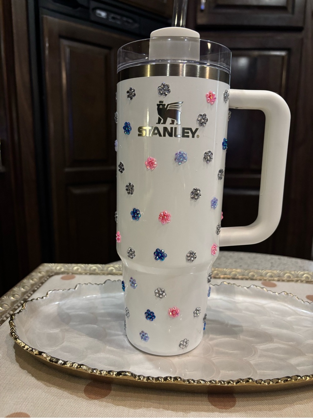 Stanley White Travel Cup with Pink, Blue & Silver Accent Gems. Never been used.